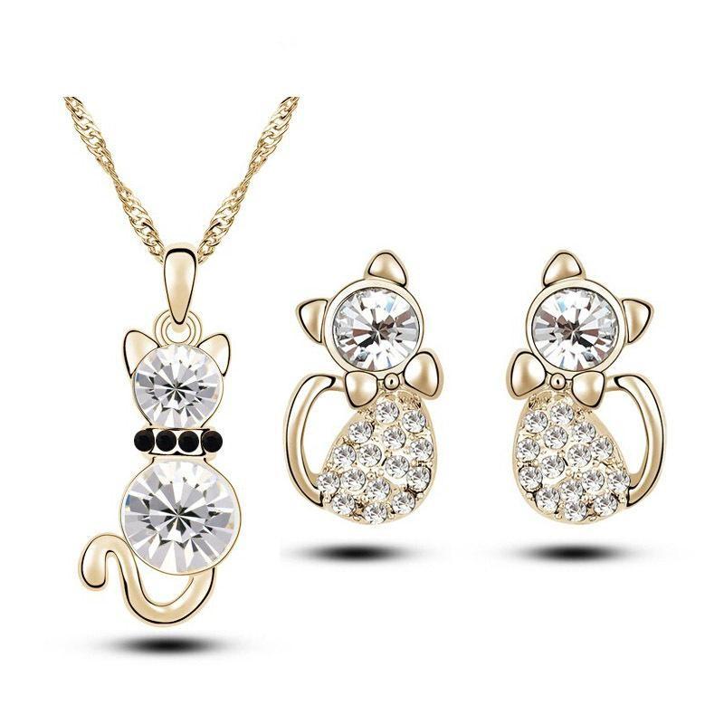 Crystal Cat 3pcs Shaped Necklace Earrings Jewelry Set  Gift Teen Girls Women For