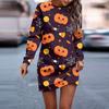 Women's Round Neck Halloween Printed Long Sleeve Hip Dress Sweatshirt Dresses