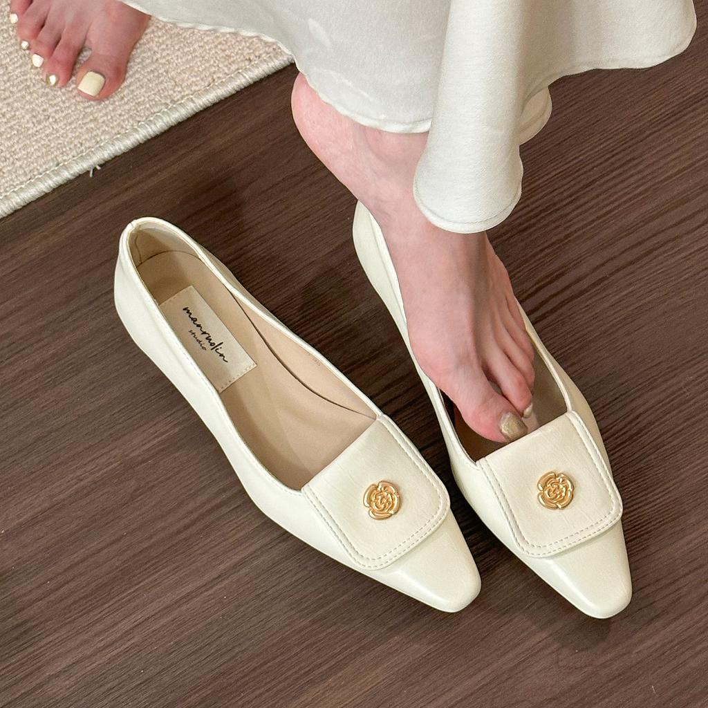 Women's Casual White PU Leather Flats Shoes Pointed Toe Chunky Flats Slip On Loafers Comfortable Dress Flat Shoes for Women Fashion Soft Ballet Shoes