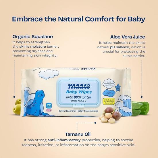 Maate Baby Wipes (Pack of 2, 144 Wipes) | Soothing & Hypoallergenic | Infused With Plant Squalane, Tamanu Oil & Aloe Vera | Moisturizing & Hydrating