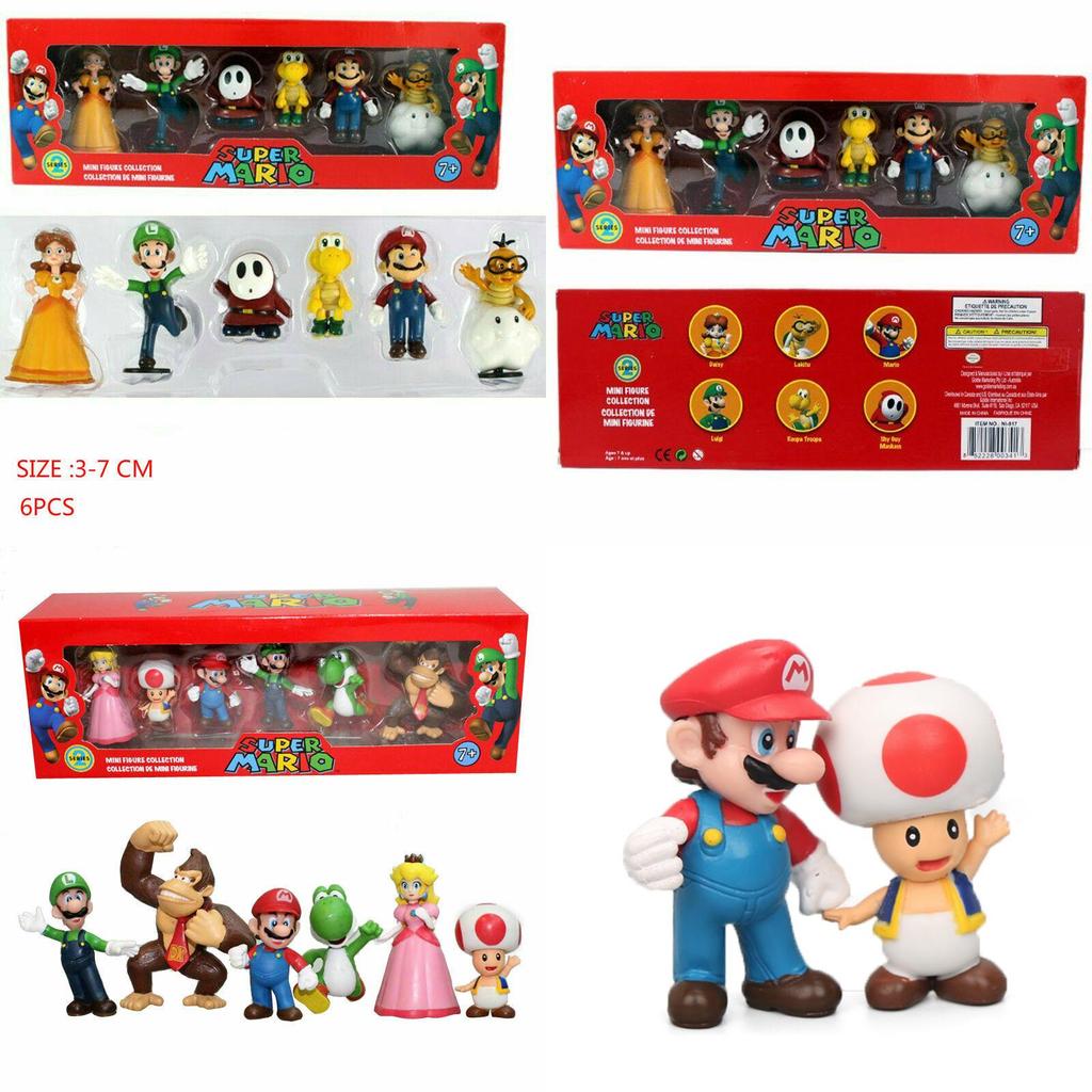Six Piece Super Mario Bros Action Figure Toys Set Featuring Luigi Yoshi And Mushroom Collectibles For Kids