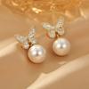 White Butterfly Zircon Pearl Earrings Gentle And Sweet Ins Style Earrings 925 Silver Needle Fashion Temperament Earrings