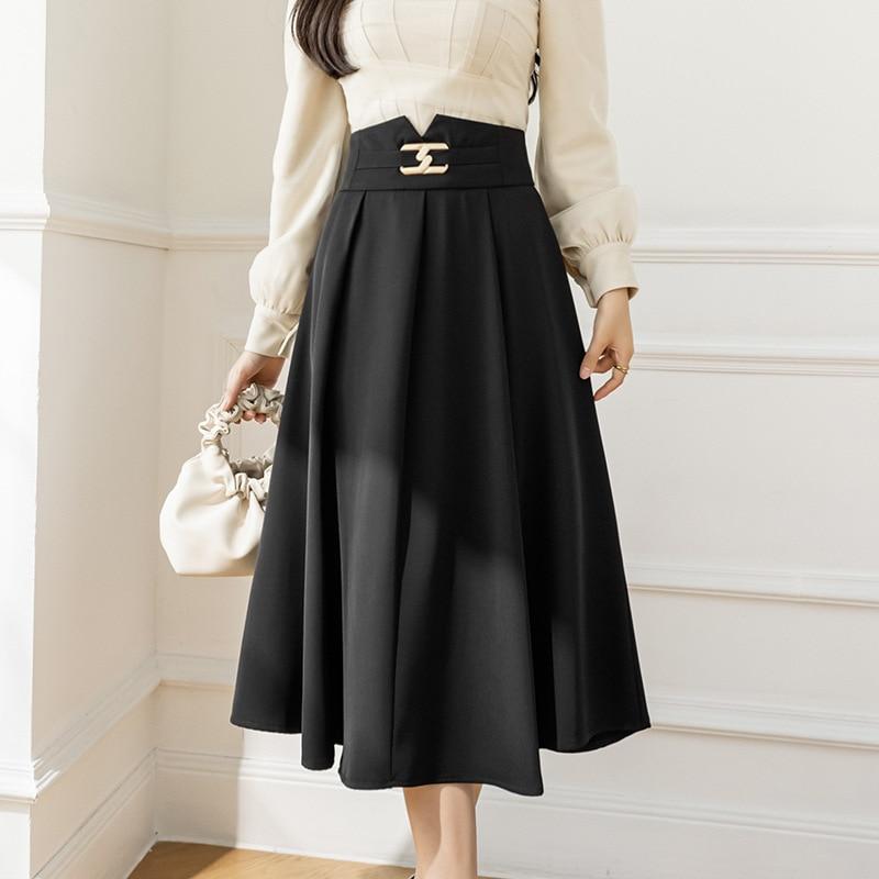 Spring Summer Women High Waist Elegant A-line Midi Skirt Workwear Black Polyester Ladies Long Skirts