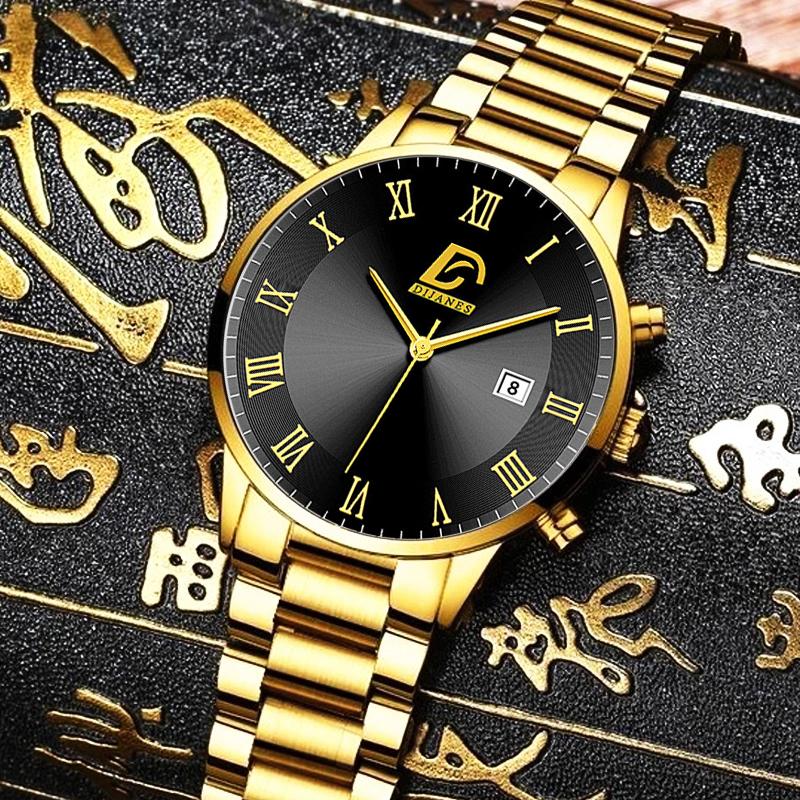 Fashion Mens Gold Stainless Steel Watches Men Business Casual Watch Luxury Calendar Quartz Wristwatch