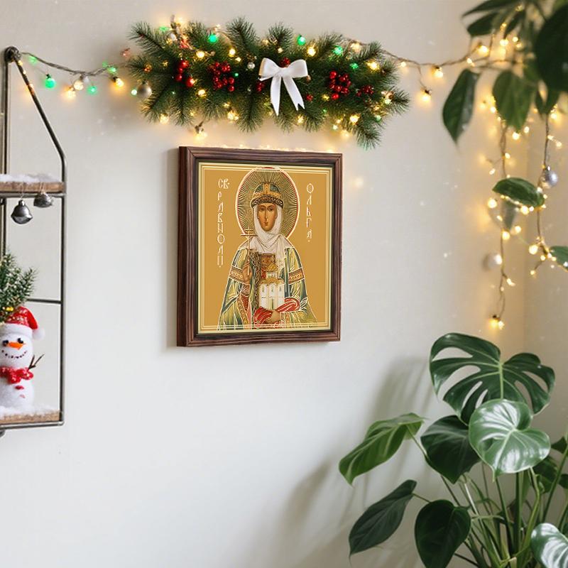 Декоративная роспись православных икон, Освященная икона "Святая Ольга", Роспись фоторамки, Христианское настенное искусство, 20 см*20 см, Духовный декор в подарок