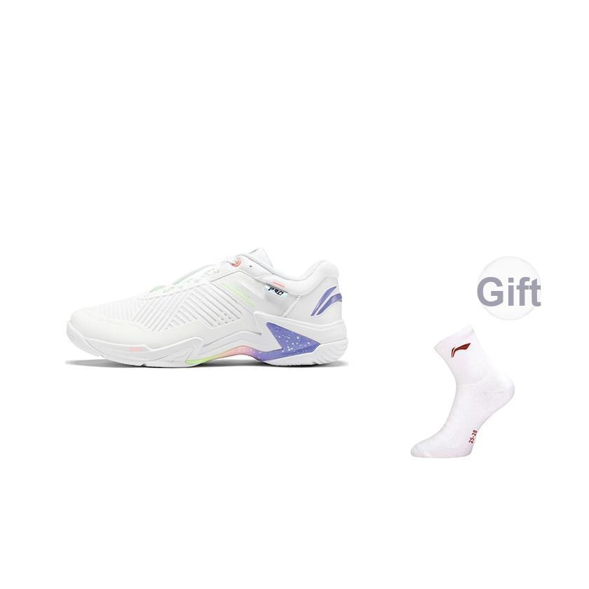 Li Ning Thunder Series Pro Удобные амортизирующие нескользящие износостойкие низкие кроссовки для бадминтона унисекс белые фиолетовые AYAT009-1