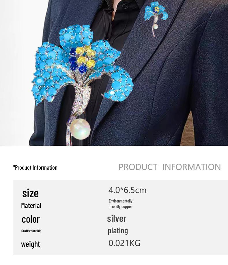 Ретро брошь-ирис с бирюзовой инкрустацией и цепочка для свитера - Роскошный двусторонний 3D женский аксессуар