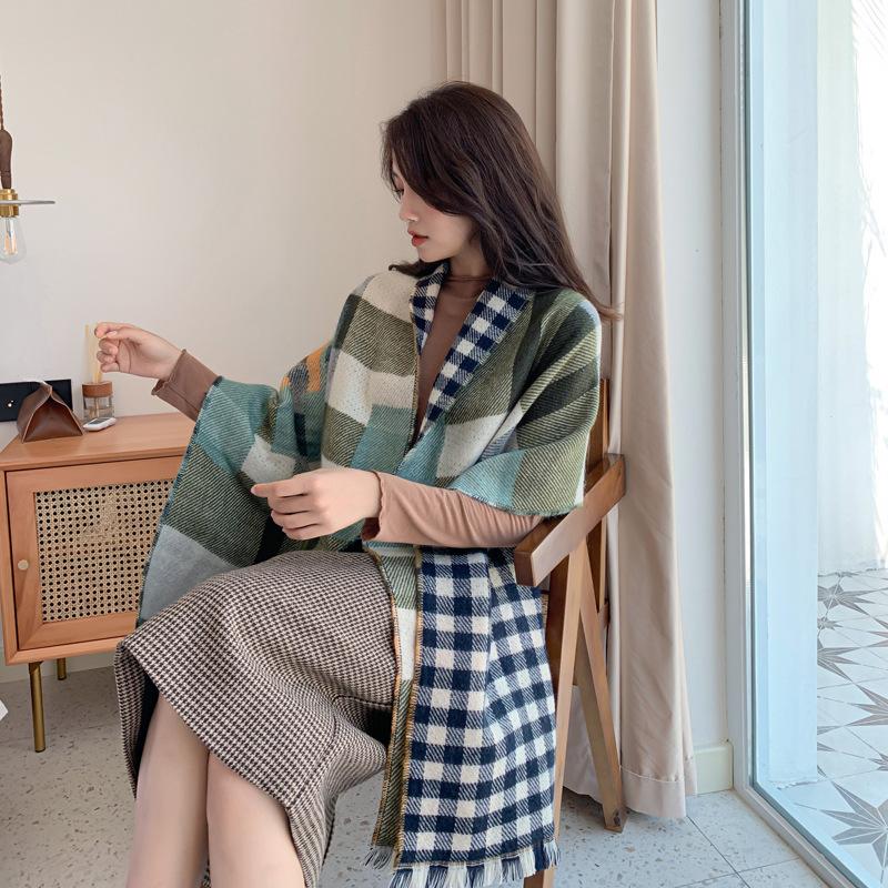 Imitation Cashmere Scarf, Women's Autumn and Winter Fashion Double-sided Plaid Scarf, Student Thickened Warm Shawl, Gift Scarf