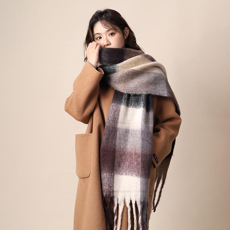 Женский толстый клетчатый шарф 2024 года: Корейский стиль, британская элегантность, теплая шаль для осени и зимы