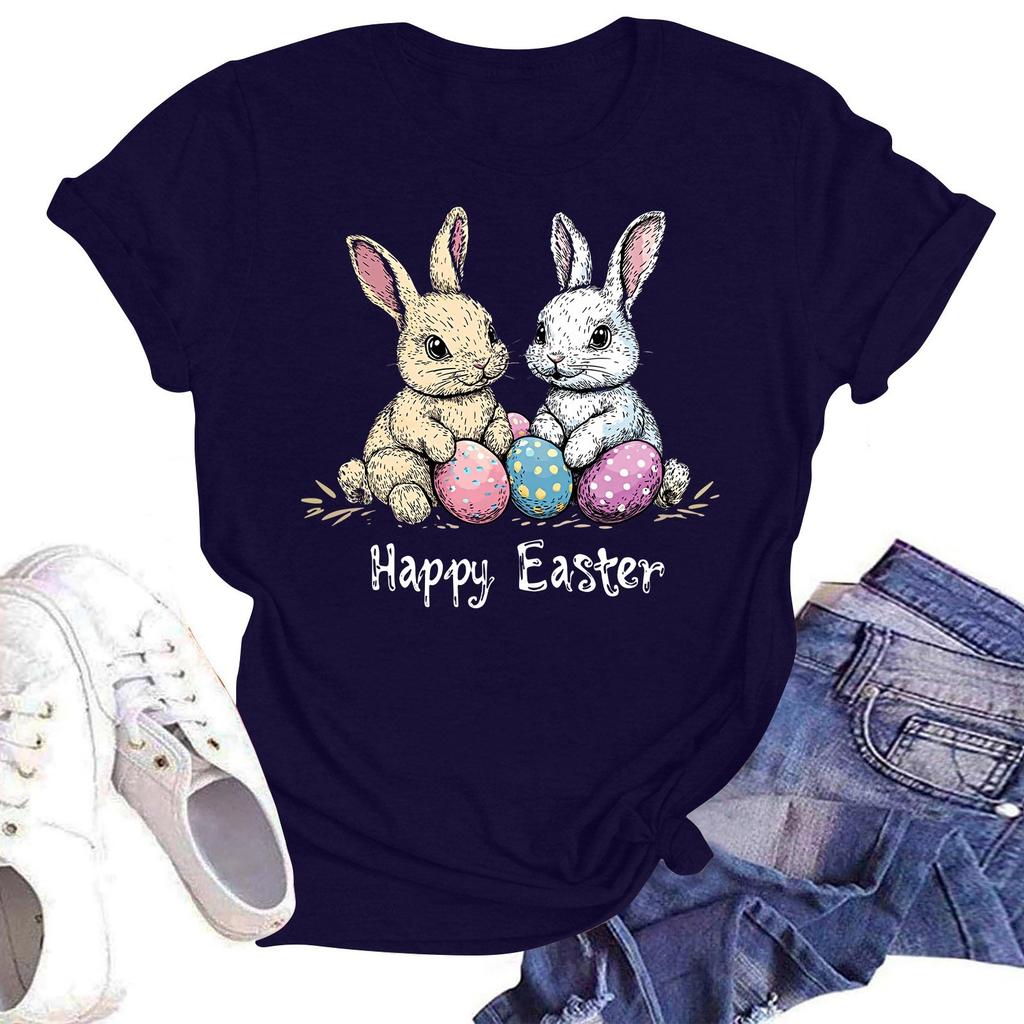 Happy Easter Women's Fashion Printed Round Neck Short Sleeve T-Shirt Pullover Top