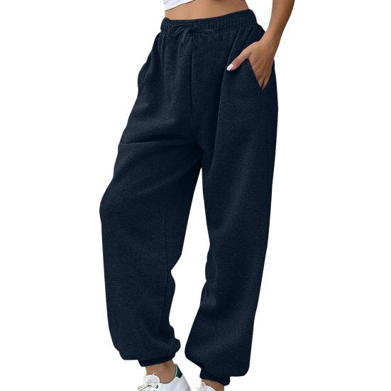 Women Sweatpants Elastic High Waist Adjustable Drawstring Harem Pants with Pockets Solid Color Loose Lounge