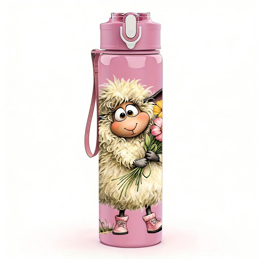 1PC Sheep Hold Flower Bouquet 750ml Color Plastic Sports Water Bottle Leakproof Flip Straw Lid Suitable for Sports Office Home Use