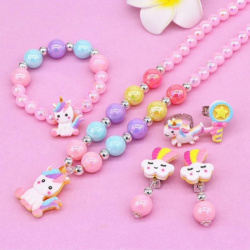2/6pcs/set Children Necklace Bracelet Set Cute Unicorn Rainbow Necklace Bracelet For Little Girls Zircon Set Wholesale