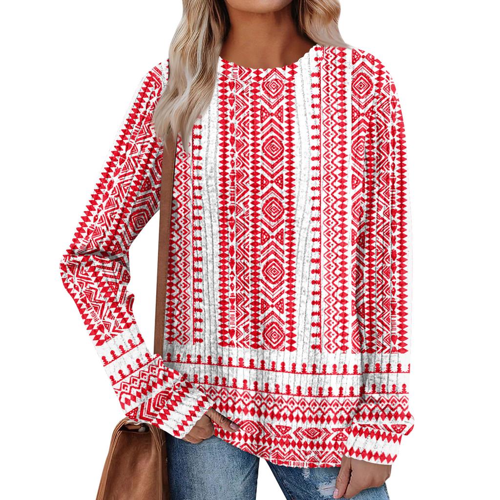 Women's Winter Color-Block Printed Lightweight Brushed-Cotton Round Neck Top
