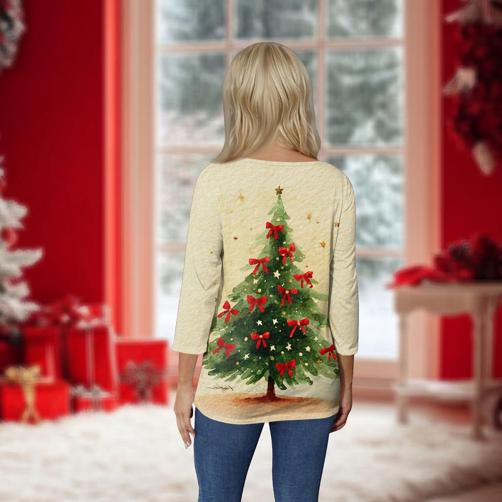 Женский топ с круглым вырезом и рукавом 3/4 с рождественским принтом