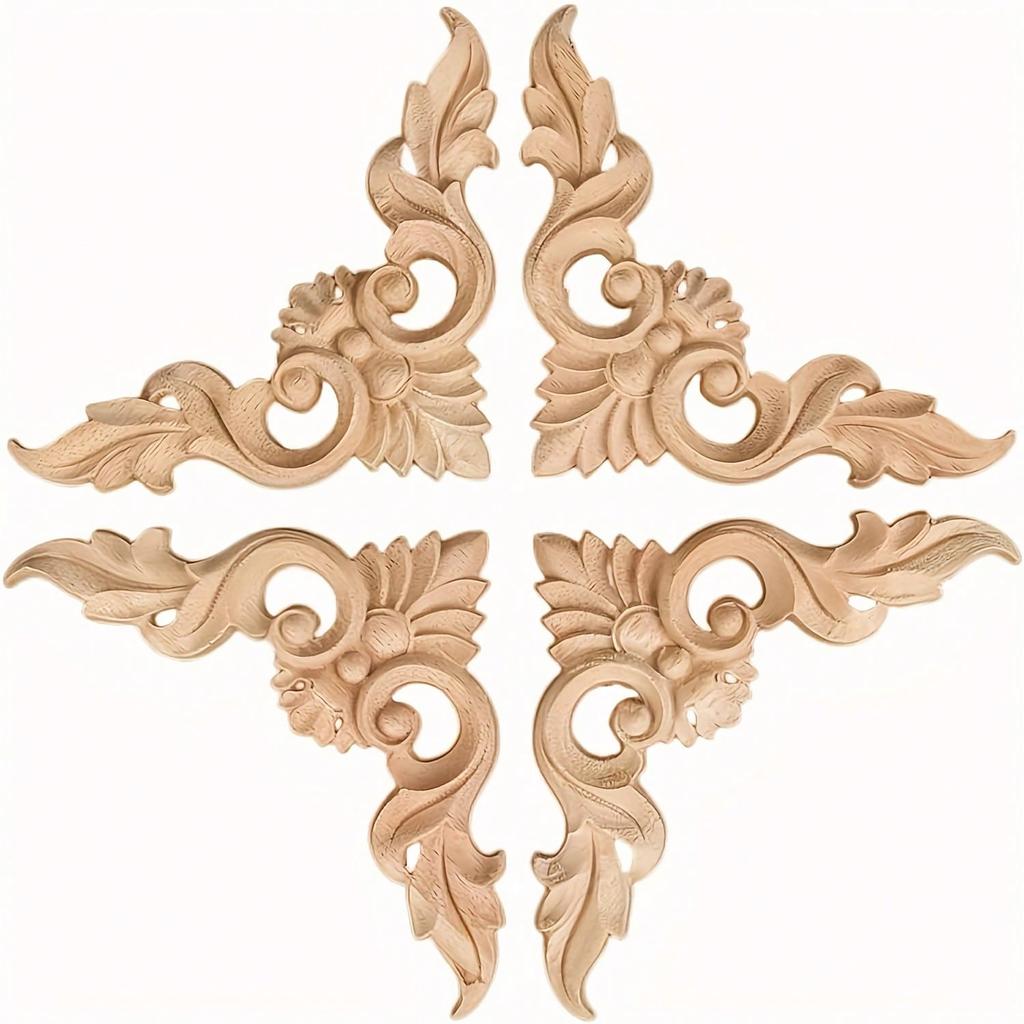4 шт. Деревянные резные аппликации, накладки, неокрашенные маленькие деревянные уголки, цветочные резные наклейки для зеркал, шкафов, стен, дверей