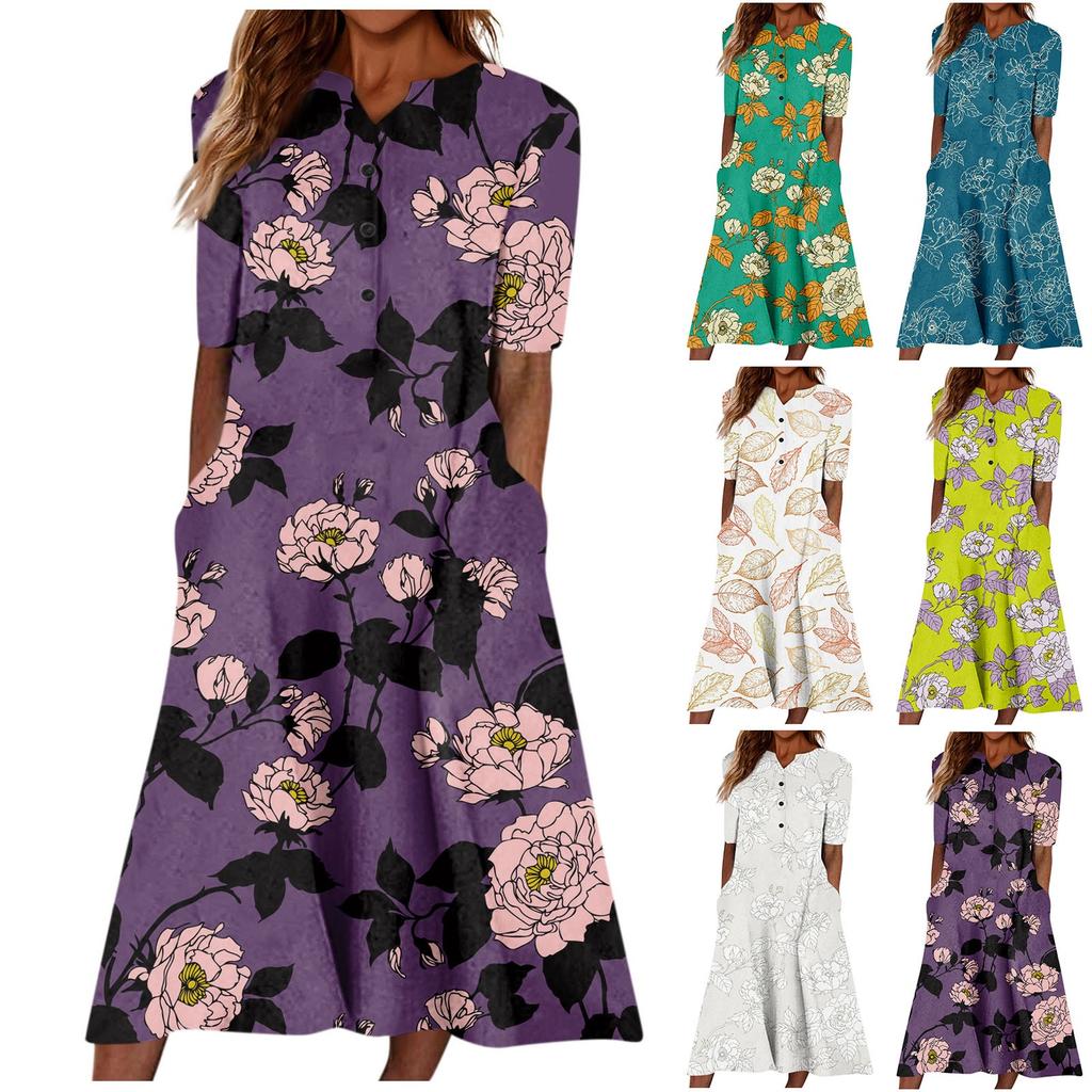 Women's Summer Casual Fashion Floral Printed Short Sleeve Button Pocket Dress