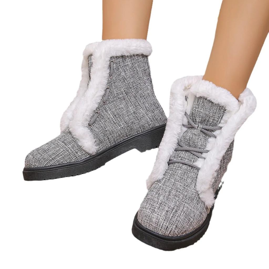 Fashion Autumn and Winter Thick Snow Boots with Velvet New Fashionable Women's Fury Short Style Tie Up Warm Non-slip Winter Boots