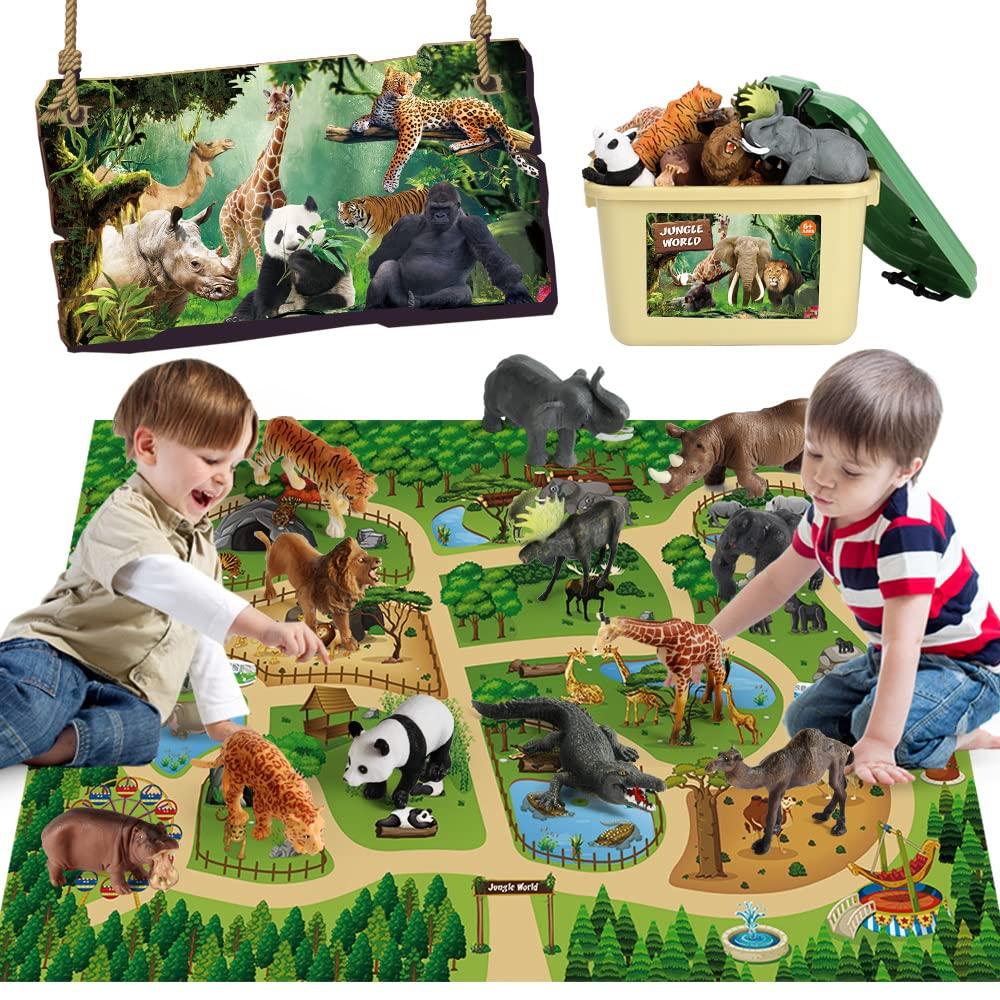 Mini Tudou 12pcs Safari Animal Figures Toys and 145x98cm Large Playmat Realistic Jumbo Jungle Wild Zoo Animal Figures Playset Includes Suitable for