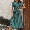 Summer Women Floral Print Long Dress O Neck Short Sleeve Holiday Style
