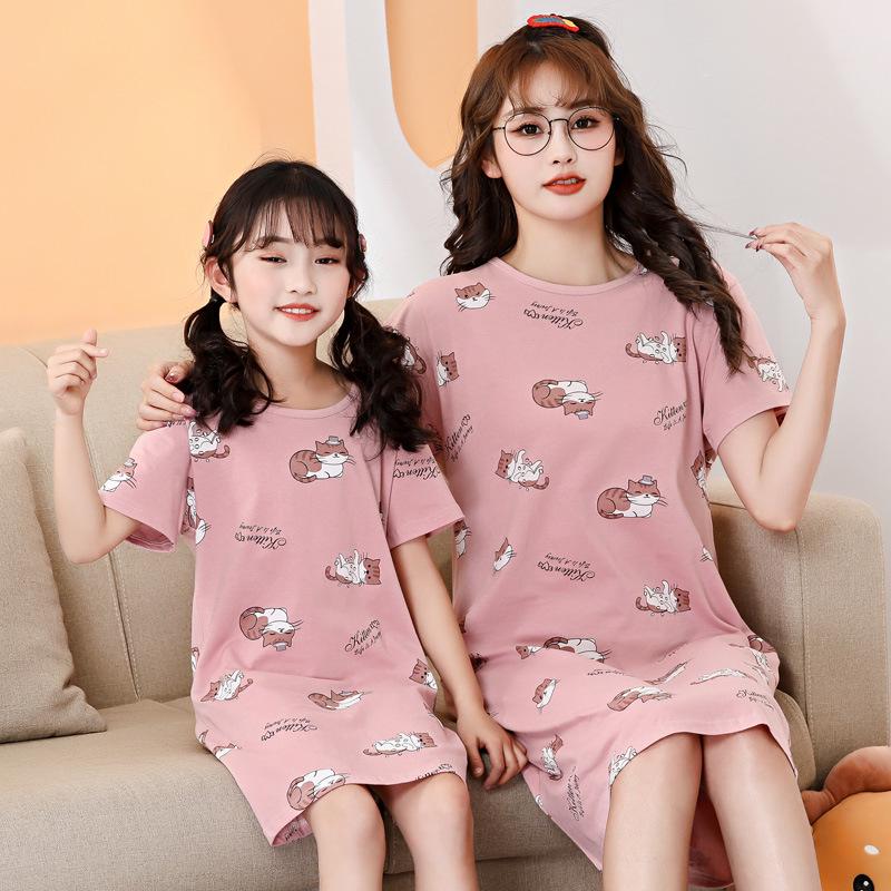 Girls' Summer Cartoon Short Sleeve Pajamas - Cute Parent-Child Cotton Nightdress