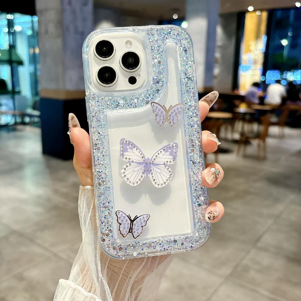 For iPhone 16 Pro Case with 3 Butterflies Decor Glitter Rhinestone Epoxy Design TPU Phone Cover