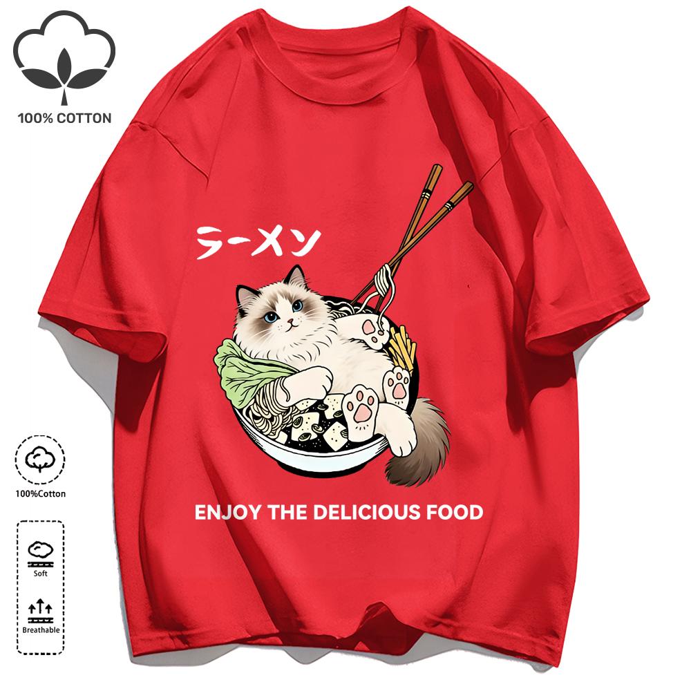Cat Lying Down After Eating Too Much Print T-Shirt Unisex Summer Soft Loose Tee Cotton Retro Short Sleeve Unisex Fashion Clothing