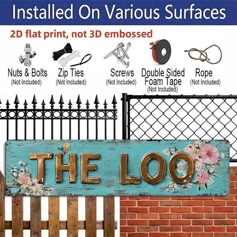 2D Flat - 1pc Rustic The Loo Aluminum Decorative Sign, 15.7×3.94 Inch Vintage Floral Wall Hanging Decor for Bathroom, Farmhouse, Restroom