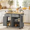 Rolling Kitchen Island Storage Trolley with Rubber Wood Top & Drawers for Dining Room, Grey
