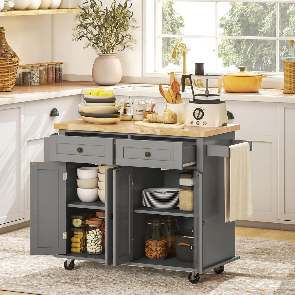 Rolling Kitchen Island Storage Trolley with Rubber Wood Top & Drawers for Dining Room, Grey