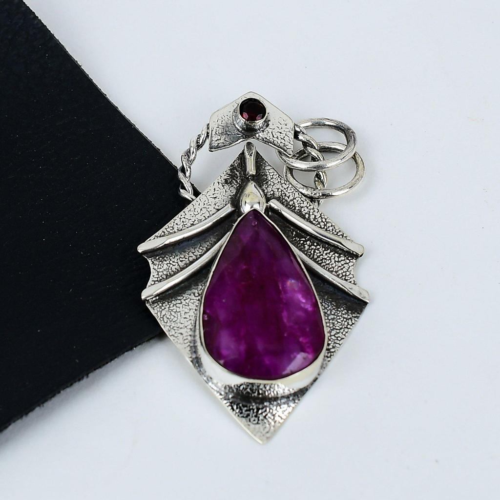 Kashmir Ruby Gemstone Silver Pendant In 925 Sterling Silver- Handmade Design, Everyday Wear Jewelry, Unique Red Garnet Pendant Gifts