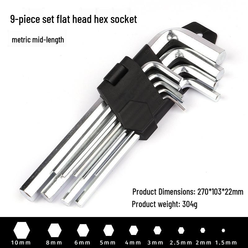 В наличии набор из 9 шестигранных ключей: Плоская и шаровая головка Torx, Углеродистая сталь, Оцинкованная