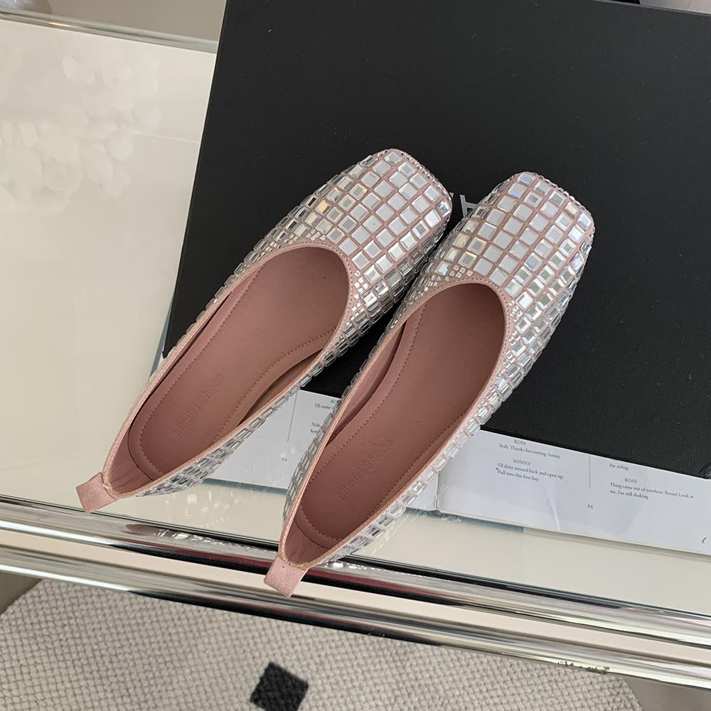 Модные женские туфли-лоферы с круглым носком, цепочкой из кристаллов и страз, 2024, новые поступления, модные черные, серые, розовые, балетки для танцев на открытом воздухе, Janes