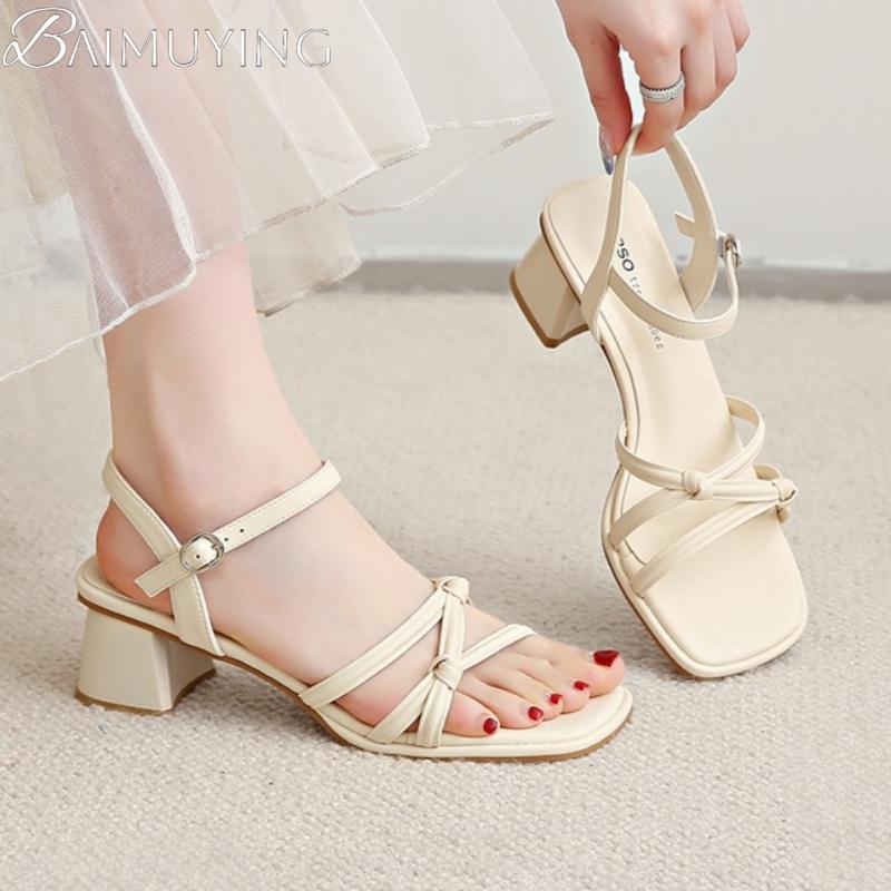 Women Heeled Sandals Square Toe Chunky Shoes Woman Slingback 2025 Trend Dress Shallow Loafers Summer Elegant Sandalias De Mujer