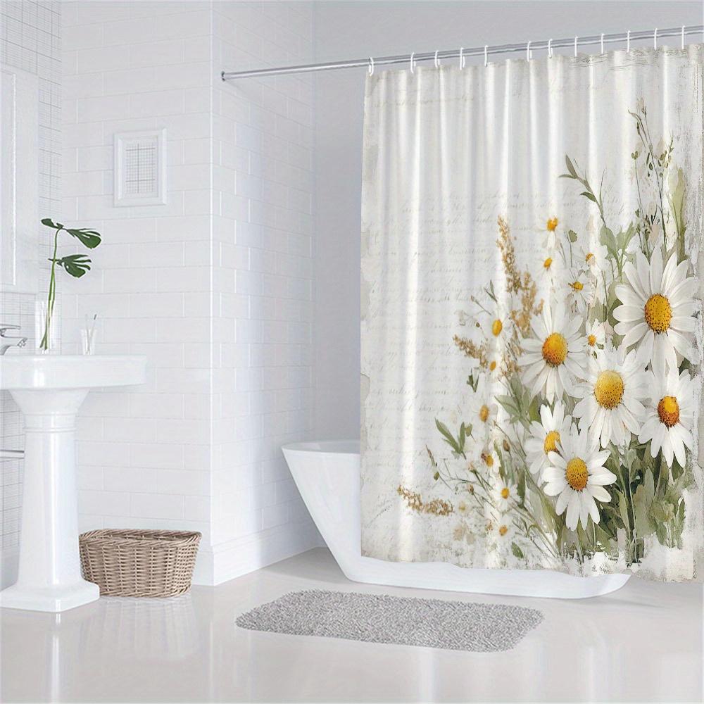 Антикварная шторка для душа с букетом маргариток - Цветочный узор с текстурой винтажной бумаги, Белые и желтые маргаритки, Полиэстеровая ткань