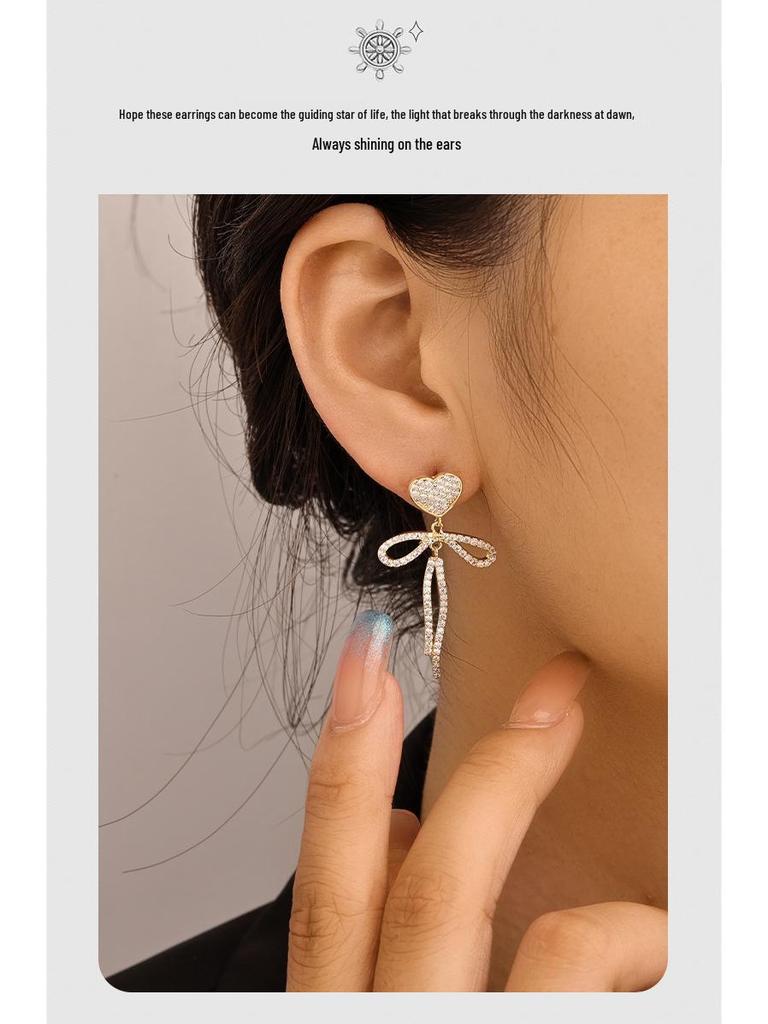 Shining Pearl Heart Bow Earrings: Women’s Korean Style with High-End Elegance and Personality