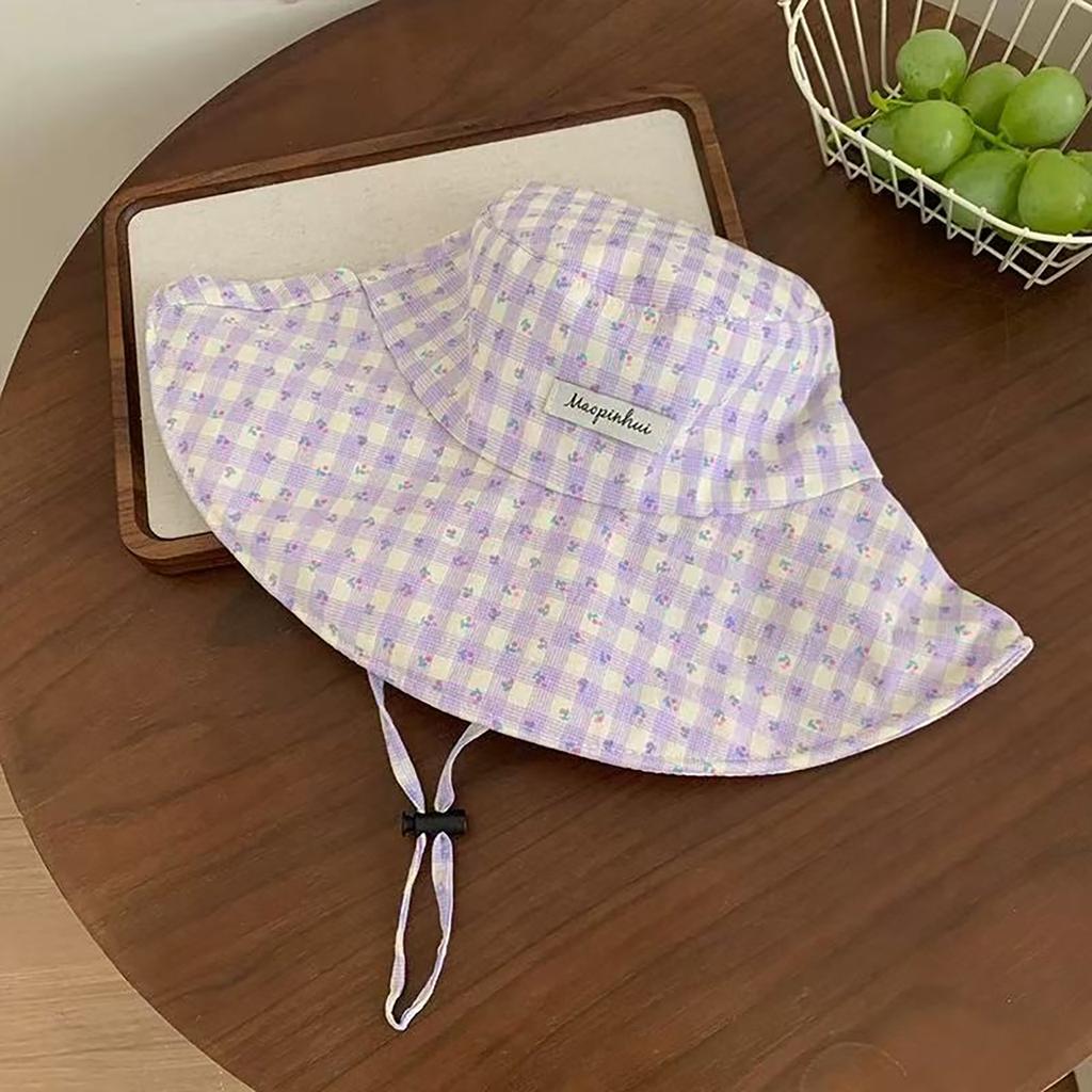 Sweet Plaid Floral Fisherman Hat for Women Summer Large Brim Sunshade Travel Beach Basin Cap Girls Casual Outdoor Lacing Hat