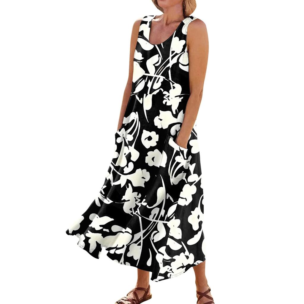 Платье без рукавов для женщин. Женское летнее повседневное модное платье без рукавов с круглым вырезом и карманом с принтом.