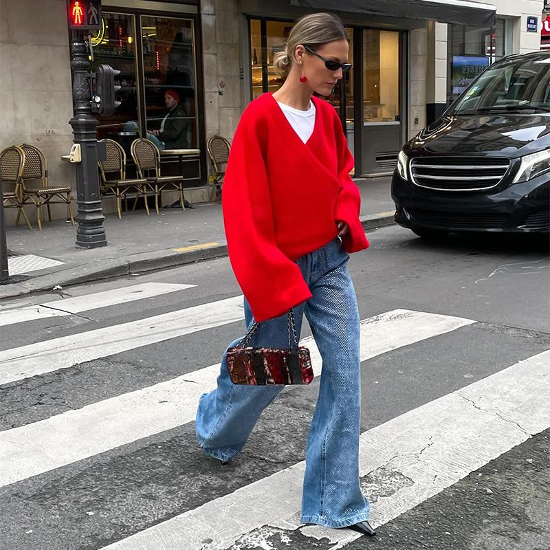 Красный женский свободный шерстяной свитер с V-образным вырезом, куртка с длинным рукавом, вязаный пуловер, новый осенний женский повседневный офисный трикотаж, топы