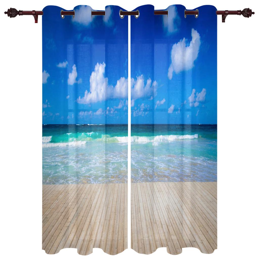 Windows Sea Beach Blue Sky White Clouds Luxury Home Curtains Modern Home Supplies Living Room Bedroom Custom Curtains