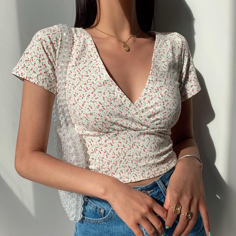 Women's  Summer Retro Floral V-Neck Slim Fit Crop Top T-Shirt KTB