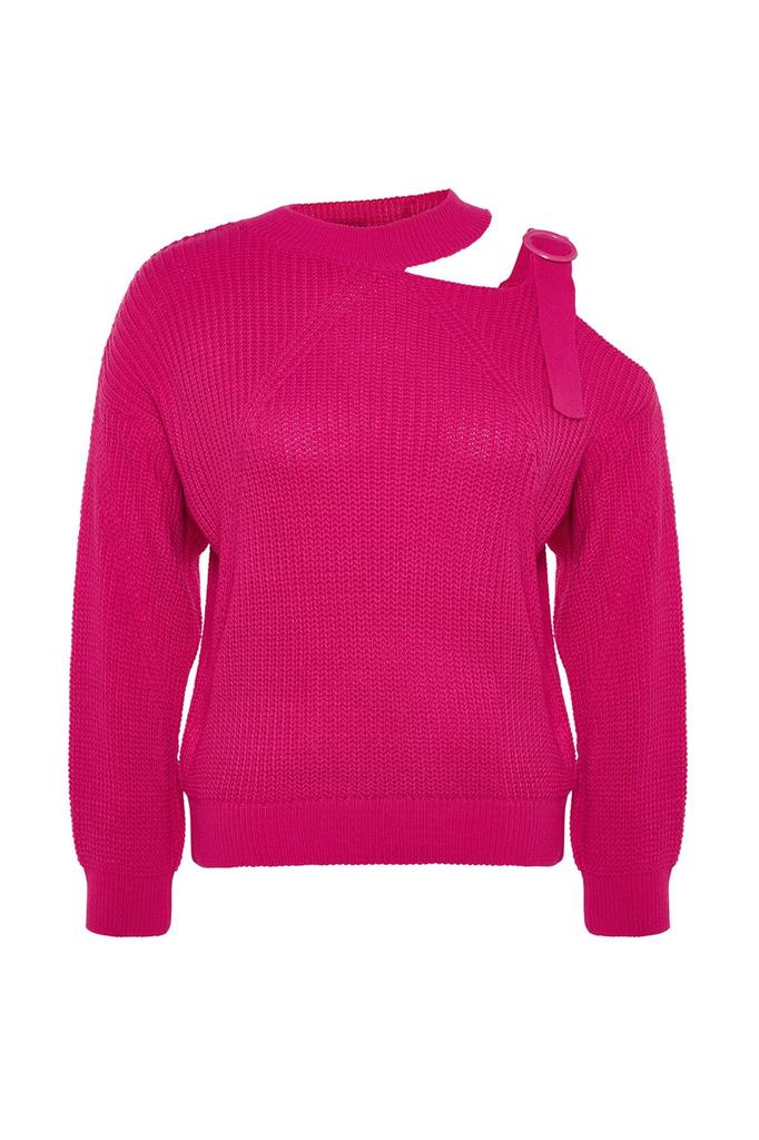 Women's Plus Size Sweater Fuchsia Window Cut Out Detailed Knitwear Sweater