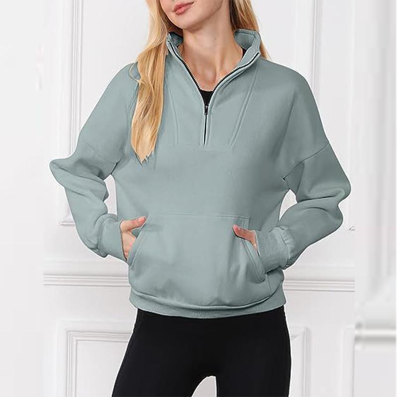 Women's Sweatshirt Stand Collar Solid Color Fashion Pocket Zipper Tops Casual Loose Fleece Ribbed Pullover