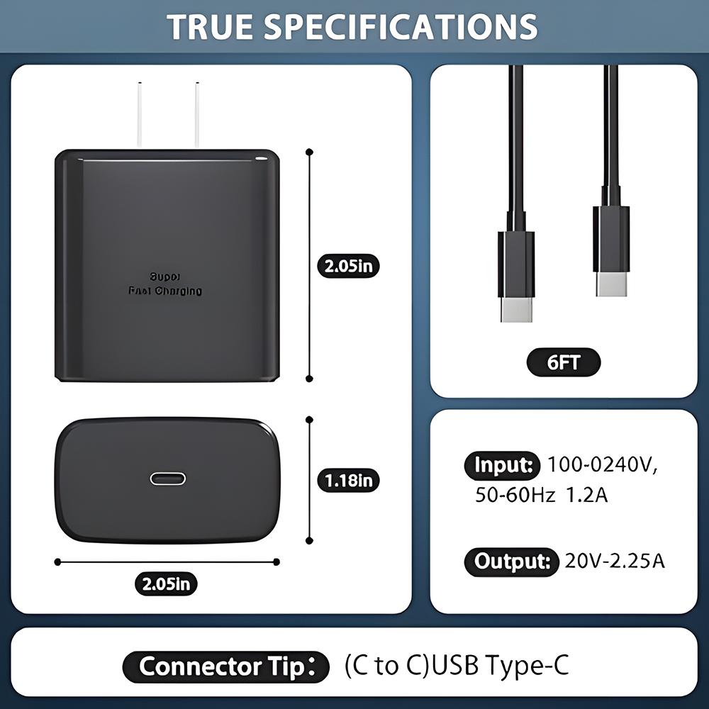 Сверхбыстрое зарядное устройство 45 Вт и кабель данных USB-C - Портативный адаптер для Samsung для Galaxy S24/S23/S22/S25 Ultra/S21 Plus/ 20