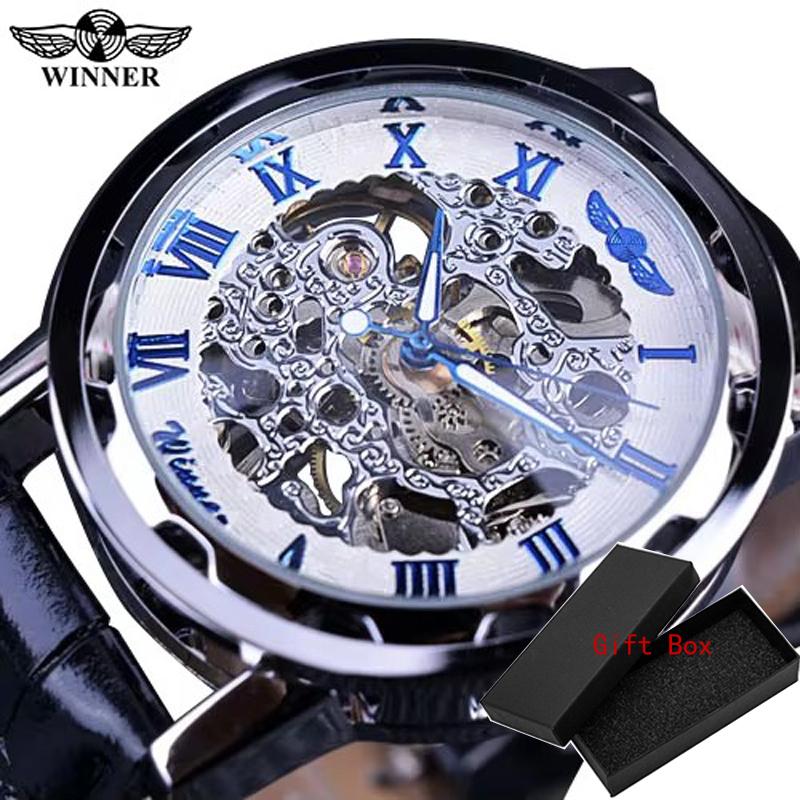 Winner Black Gold Male Clock Men Relogios Skeleton Mens Watches Top Brand Luxury Montre Leather Wristwatch Men Mechanical Watch