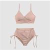 South Korea's new solid-color bikini sexy slim-fit cross-gathering high-waisted belly cover strap waist split swimsuit women