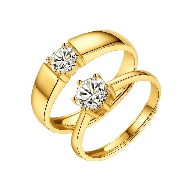 Adjustable Classic Couple Rings Set Rhodium/Gold Plated Brass Open Rings with Zircon Flower Design for Lovers