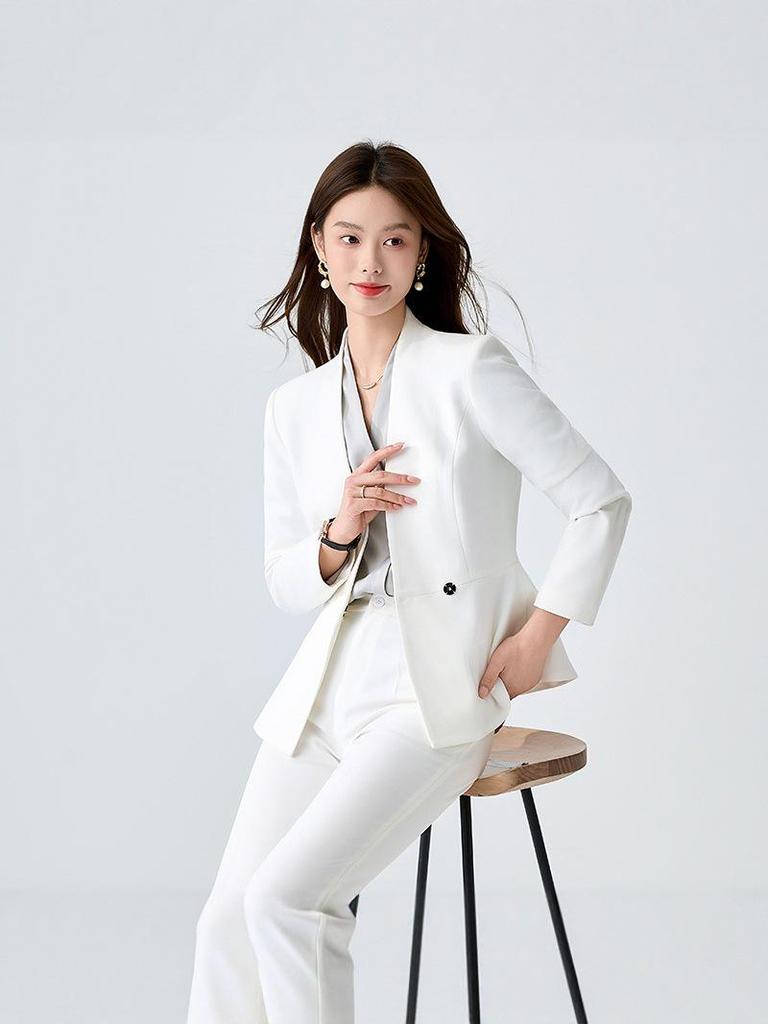 2025 Women's White Suit Set: Spring/Autumn Salon Reception Workwear Blazer