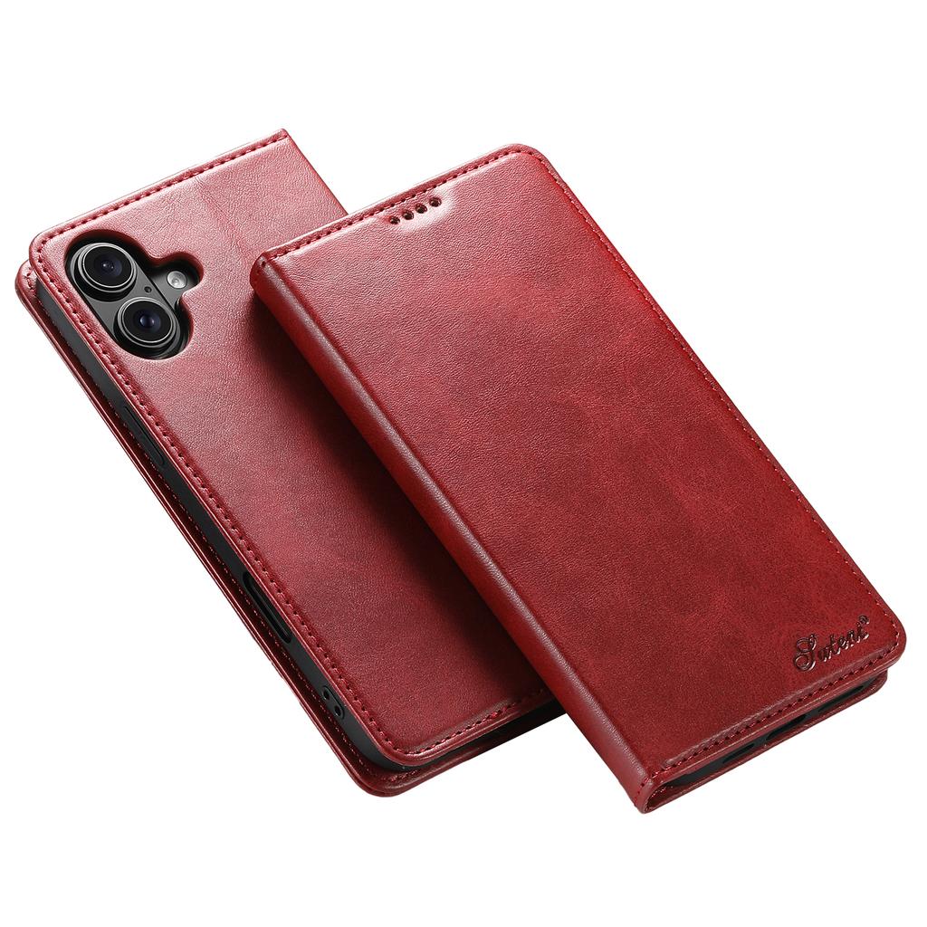 SUTENI For iPhone 16 Case PU Leather Wallet Stand Magnetic Closing Phone Cover - Brown
