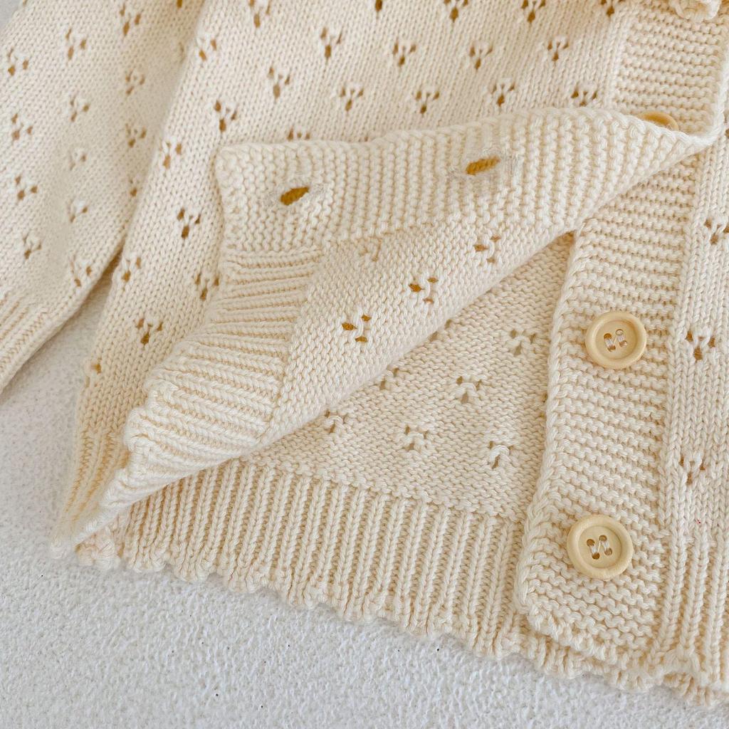 2024 Autumn/Winter Baby Girl Knitted Cotton Cardigan with Lotus Collar, 0-3 Years, Long Sleeve, Hollow Design.